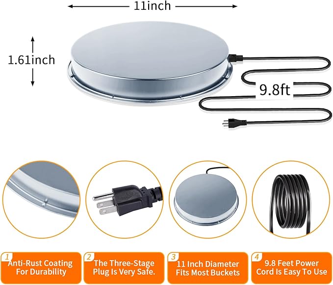 Chicken Water Heater for Winter, 110Watt Thermostat Heated Poultry Waterer Base with 9.8ft Power Cord，Suitable for Plastic/Metal Poultry Waterer (Silver, 11INCH-1PACK)