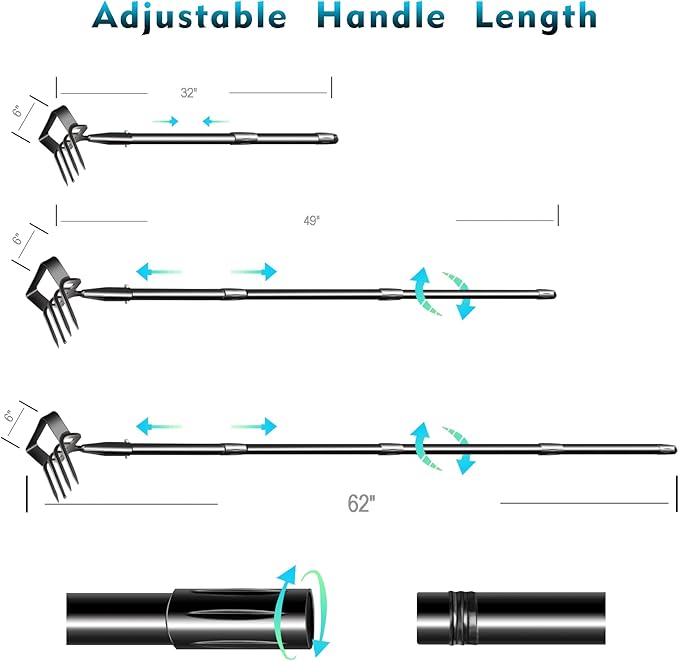 Hoe Garden Tools, 51Inch Gardening Tools for Weeding, Heavy Duty Stainless Steel 4 Tine Hand Garden Rake Cultivator, for Flower Beds, Patio, Garden Loosening Soil Weeding Digging