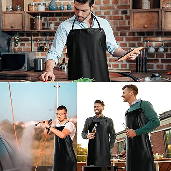 Waterproof Rubber Vinyl Apron Black - 43" Light Duty Aprons -Industrial Chemical Resistant Plastic, Long Black Apron
