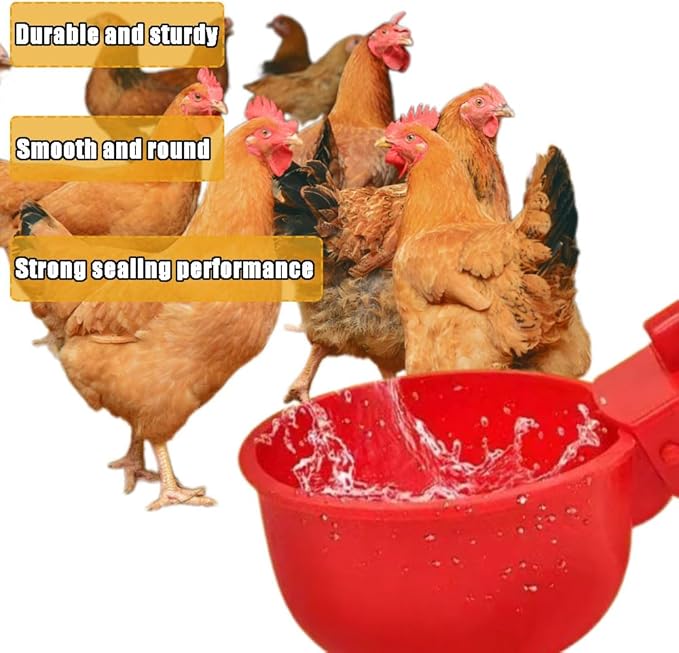 Poultry Waterer Cups 10 Packs Chicken Water Cups for PVC with Tee Automatic Chicken Waterer Kit for Poultry Chicks Duck Goose Turkey Bird and Bunny with Mounting Hole Opener (Red)