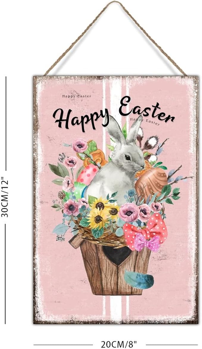 Wood Wall Art Plaque Happy Easter Flower Basket Bunny Sign French Style Floral Pink Stripes Wall Hanging Signs Easter Eggs Farmhouse Bunny Wood Plaque for Bedroom 8x12in