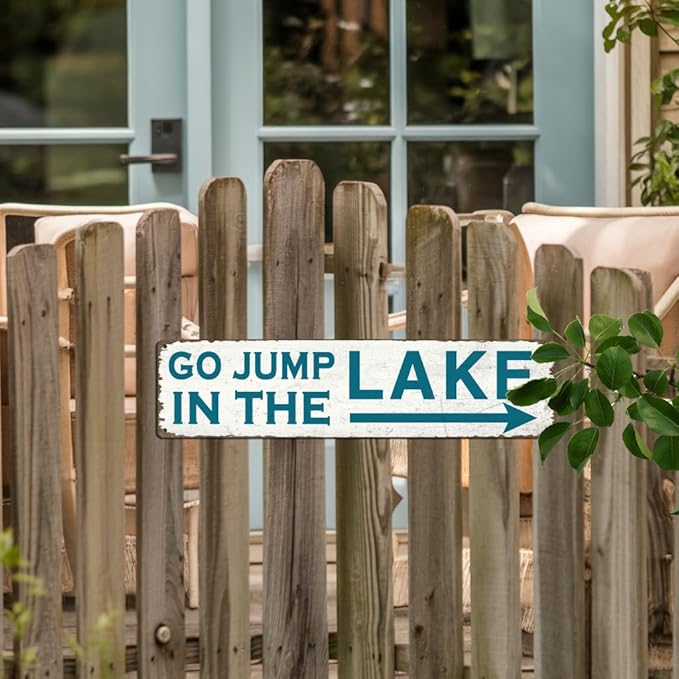 Go Jump in the Lake Metal Tin Sign Rustic Teal Lake Decor Wall Hanging for Farmhouse Lake House Bathroom Bedroom Entryway Vintage Style Wall Art 4x16 Inch
