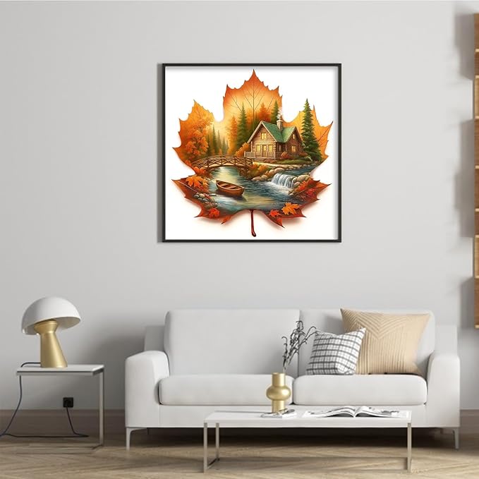 Maple Leaf Cabin Stamped Cross Stitch Kits for Adults Beginners - 45x45cm 11CT Pre-Printed Embroidery Needlepoint Starter Kit, DIY Craft Perfect for Fall Home Wall Decor, Thanksgiving Gift,