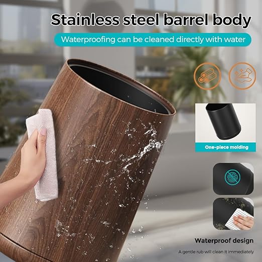 2.1 Gallon Metal Imitation Wood Grain Bathroom Trash Can, Modern, Open Top Wastebasket, Small Garbage Can for Under Desk Kitchen Home Office Bedroom (Taper)