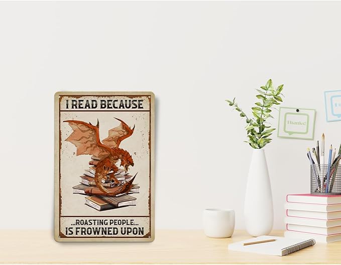 Bookish Gifts Dragon Gifts, I Read Because Roasting People Is Frowned Upon Aluminium Plate Signs, Vintage Book Decor for Cafe Bedroom Library Bookshelf, Funny Dragon Wall Art Decorations Metal Signs