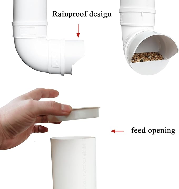 PVC Chicken Feeder,Outdoor Automatic Chicken Feeder,Chicken feeders no Waste,Wall Mount Weatherproof Chicken Gravity Feeder (White)