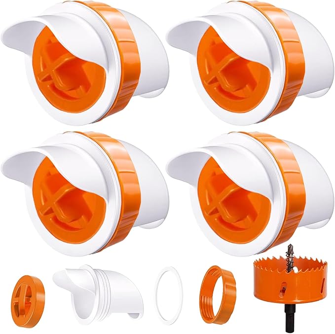 MAFONE DIY Chicken Feeder No Waste,Mess Cups Kit for Gravity Automatic Chickens Bucket Feeder Fit for Buckets, Barrels, Bins,Troughs,Rain Proof Poultry Feeder Port(4 White Orange Ports,1 Hole Saw)