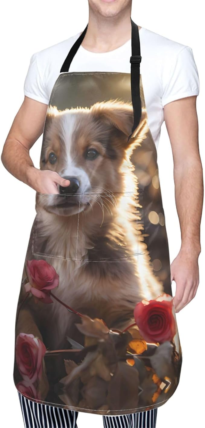 Dogs and Roses Heavy Duty Waterproof Apron with Pockets for AdultsResistant Grilling, Gardening, Painting