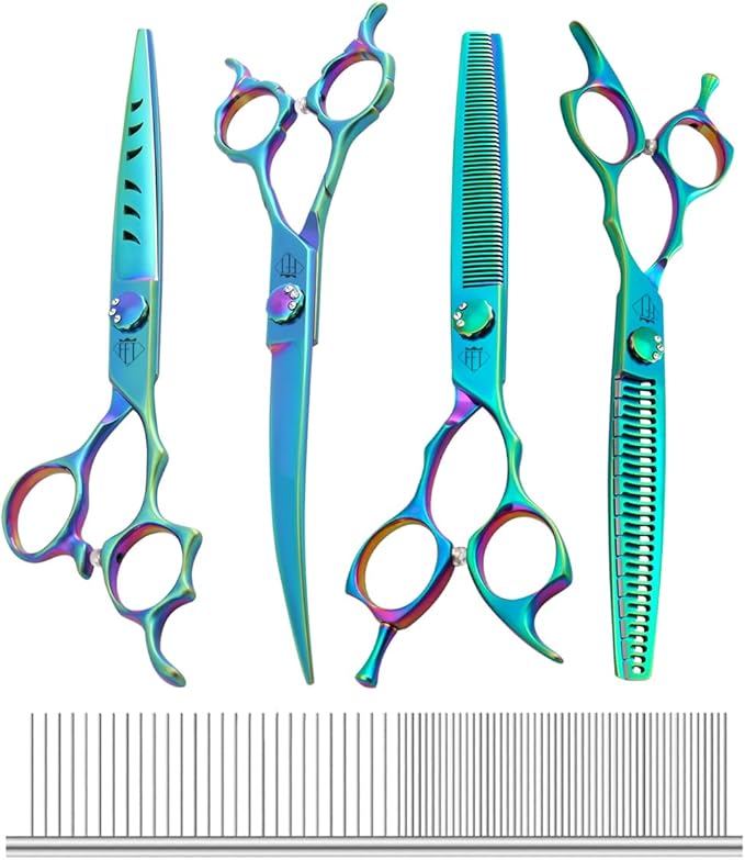 Dog Grooming Scissors: 7" Straight Pet Shears Skeletonized blade Made Of Japanese 440C for Trimming Dogs Cats and Other Pets Green (SET G, Set)