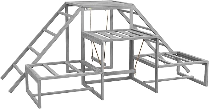 PawHut Chicken Toys for Coop, Chicken Swing Set, Chicken Coop Accessories for Poultry Run with Perches, Wood Stand, Ladder, Platforms, for 10-15 Chickens, Gray
