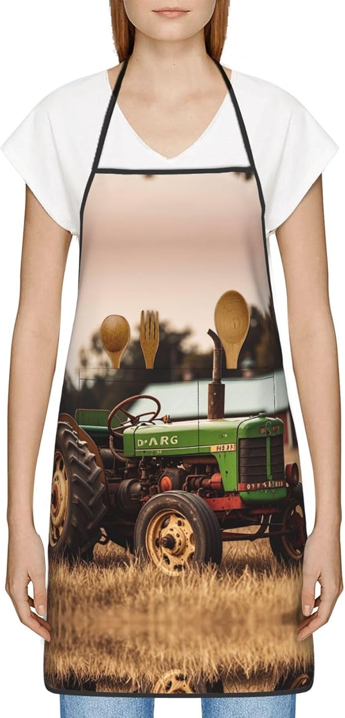 Kitchen Apron For Women Men Waterproof Heat Insulation Cooking Aprons Old Tractor Photo Farm Bib Apron With Large Pockets For Chefs, Bbq, Baking, Gardening, Salon