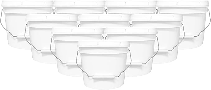 2-Gallon Bucket with Airtight Lid – Made in USA, Food Grade BPA Free Plastic, Heavy Duty Multi-Use, Metal Handle with Grip, Stackable Storage – White, 10 Pack
