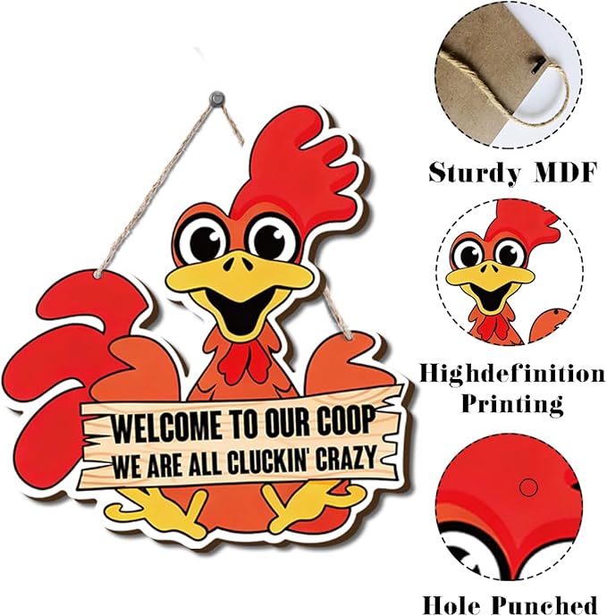 Farmhouse Chicken Coop Decor, Welcome to Our Coop Funny Rooster Sign, Cartoon Painting Style Wood Hanging Plaque, Rustic Farmhouse Wall Art for Porch Patio Barn or Chicken House, 11x10 Inches