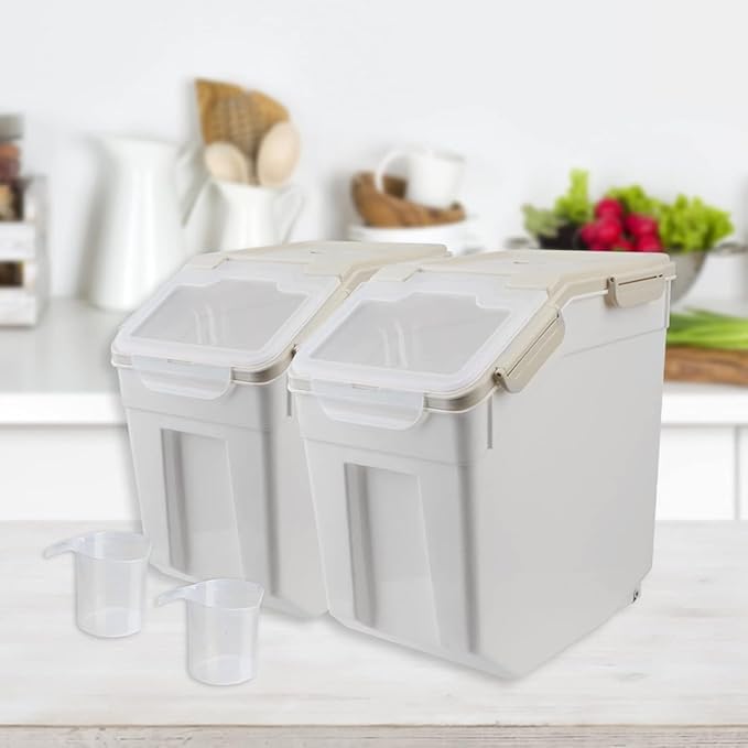 YXQ 25LB Large Flour Storage Container Bin,4 Pack Airtight Plastic with Wheels Seal Locking Lid Dispenser Organizer Storage Bin with Measuring Cup & Scoop for Flour, Rice, Grain 100LBS Total，Grey