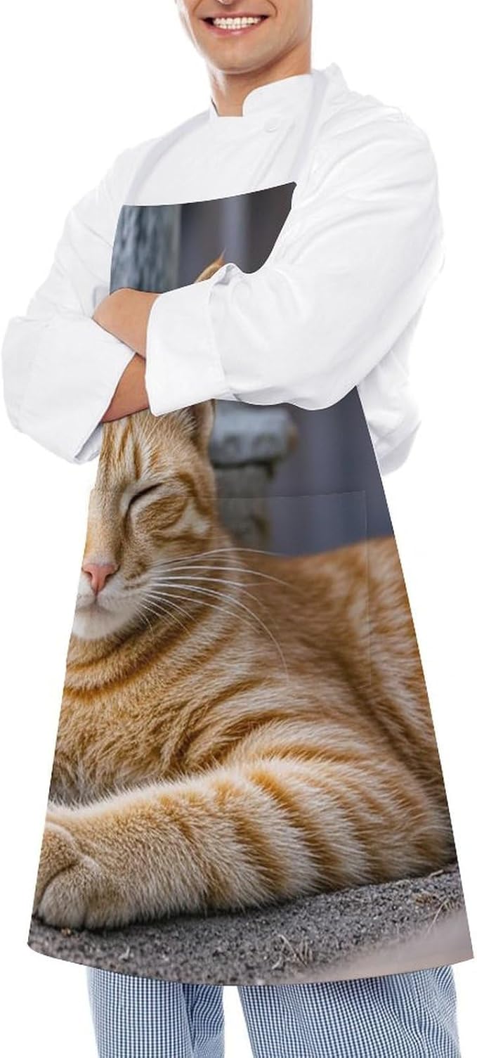 Waterproof Apron Adjustable Bib Aprons with Pockets Orange Cat Sleeping Apron Kitchen Aprons for Women Men
