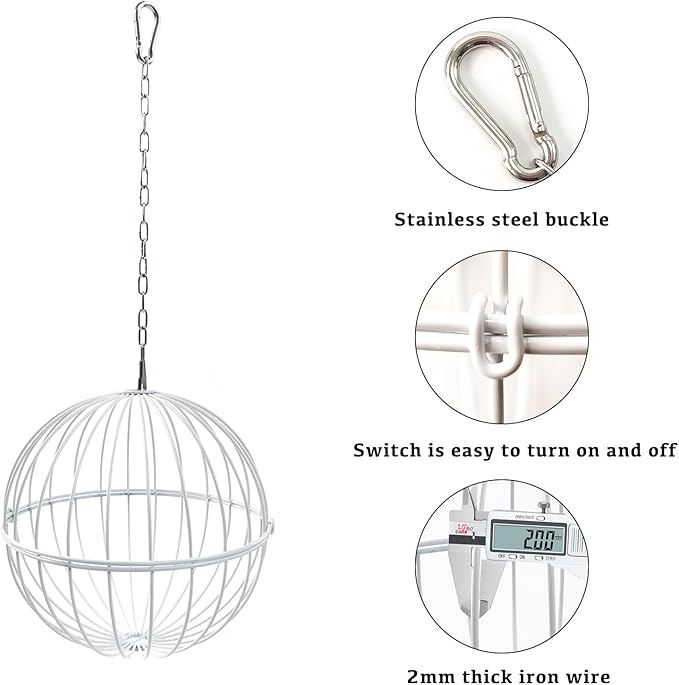 Hanging Chicken Feeder - 7.1 Inch Large Iron Chicken Veggie Treat Ball - Sturdy Chicken Treat Holder with 15.7 Inch Hanging Chain - White