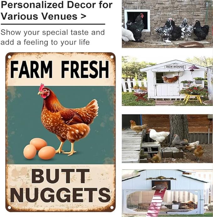 Vintage Metal Signs Chicken Coop Signs for Farm Yard Decor, Farm Tin Signs for Home Kitchen Outdoor Decor, Fresh Butt Nuggets 12x16 inches