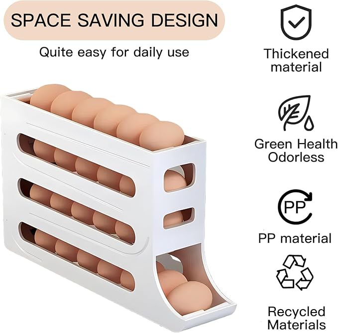 Automatic Rolling Egg Storage For Refrigerator, Fridge Organizer, Space Saving Refrigerator Egg Holder For Fridge ,Holds 28 Egg Storage，for Refrigerator,Kitchen,Cabinets,Tabl (White)