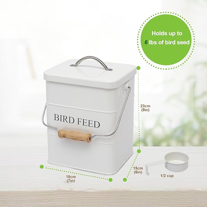 Bird Seed Storage Container Airtight,5~6LB Metal Bird Food Container with Scoop,Wild Birds Feed Tin for Storing Sunflower Seed-Ideal for Outdoor or Indoor-Squirrel proof -White