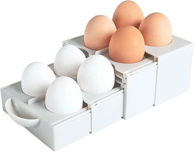 Eggstra Space Egg Organizer for Refrigerator, Adjustable Container, Collapsible & Expandable Tray Egg Holder for Fridge Organizer, Space Saving Fridge Storage Solution - Dark Beige
