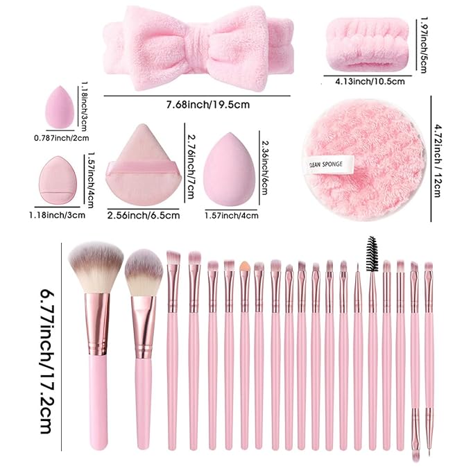40 PCS Professional Makeup Brush Tools Set, Cosmetic Brush Sponge, Puff, Headband, Brush Cleaning Bow Set, Facial Makeup, Cleaning Accessories, Makeup Products, Valentine Day Item (Pink-40PCS)