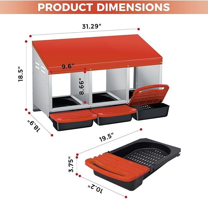 Chicken Nesting Boxes, Metal Rollaway Chicken Nest Box with Rollout Egg Collection, Removable Tray & Nesting Pads, Egg Laying Box for Chicken Coop Hens, Wall Mount or Standing, 3 Compartments, Orange