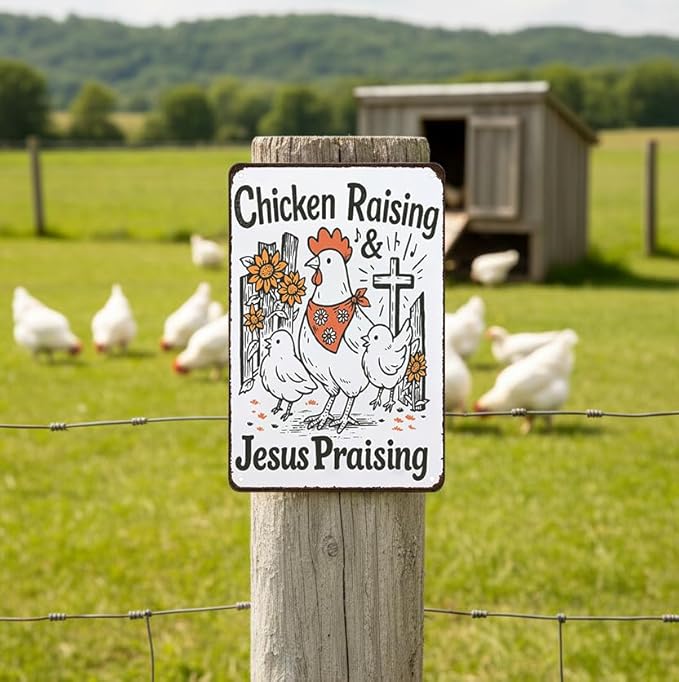 Funny Chicken Sign Chicken Raising Jesus Praising Vintage Tin Sign for Home Farm Chicken-Coop Kitchen Garden Yard Decor 8X12 Inch (3938)