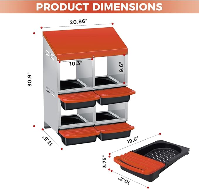 Chicken Nesting Boxes with Rollout Egg Collection – 4-Compartment Metal Hen Nest Box with Removable Trays, Slanted Roof & Ventilation, Wall Mount or Standing for Backyard Poultry Coop, Orange