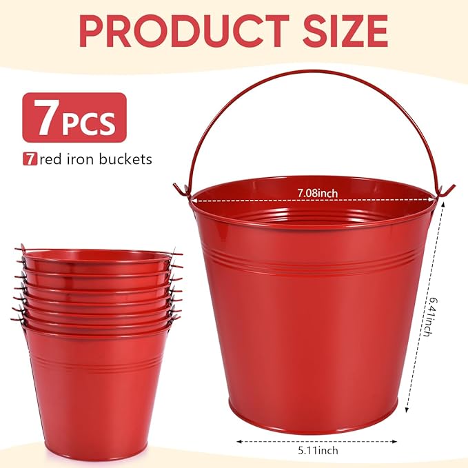 OBTANIM 7 Pack Red Metal Buckets with Handle Galvanized Ice Pails for Plants, Succulents, Party Favors Organizing, Rustic Home Decor or Classrooms Pencil Storage (7.1 x 5.2 inch)