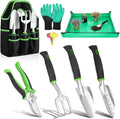 Housolution Gardening Tools Set, 8PCS Heavy Duty Garden Tools with Non-Slip Rubber Grip with Large Garden Bag for Tools Aluminum Alloy Hand Tools for Gardening,Gardening Gifts for Women and Men, Green