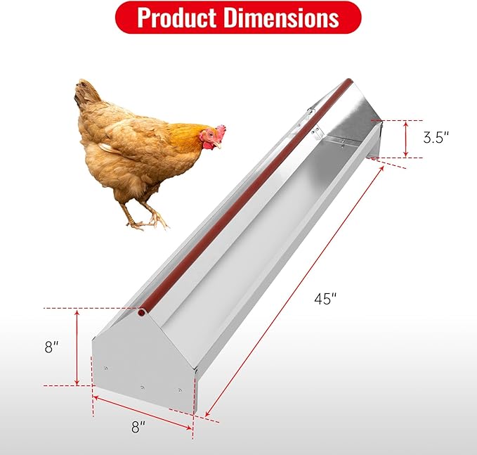 Chicken Feeding Trough 45", Heavy Duty Galvanized Steel Poultry Feeder with Red Crossbar & Drainage Holes, Large Capacity Feeder Trough for Chicken, Duck, Goose, Turkey, Rabbit, Pigeon