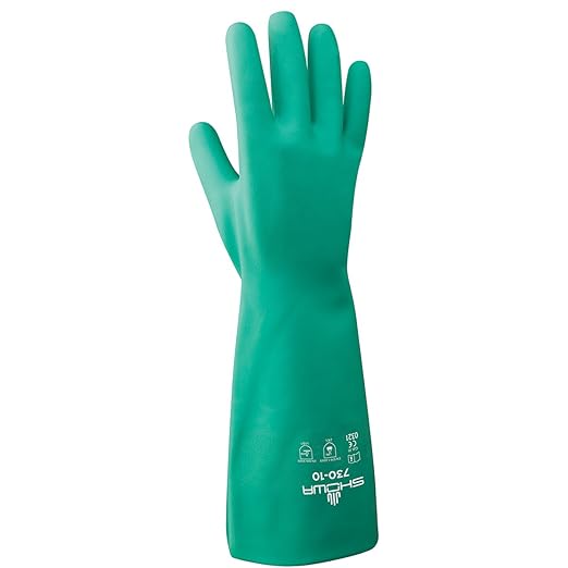 SHOWA 730 Chemical Resistant Gloves, 15-mil Nitrile with Cotton Flock Liner, 13-inch Extended Gauntlet, Bisque Grip, CE Cat III & Food Safe, Green, Medium, 12-Pack