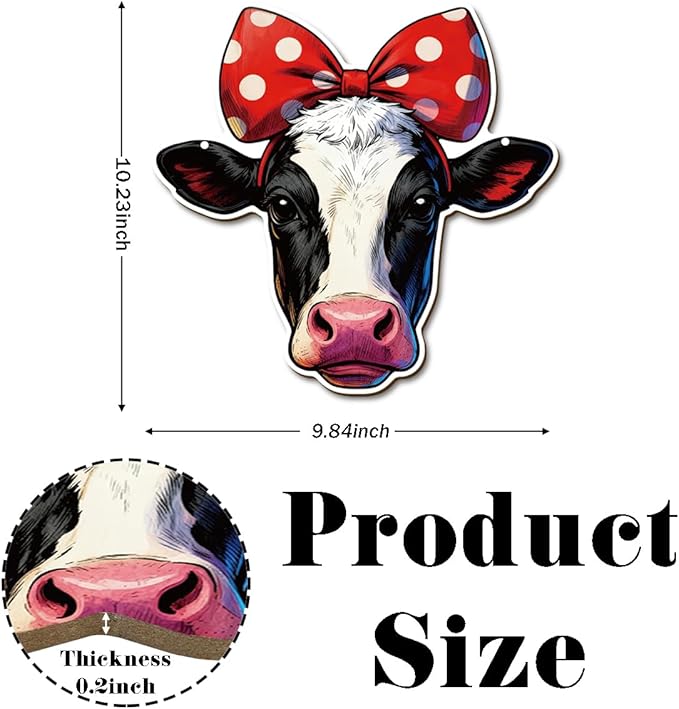 Farmhouse Wall Decor, Cow Head with Polka Dot Bow Wood Sign, Rustic Cartoon Painting Style Farm Animal Hanging Plaque, Country Wall Art for Kitchen Dining Room or Kids Room, 10.2x9.8 Inches