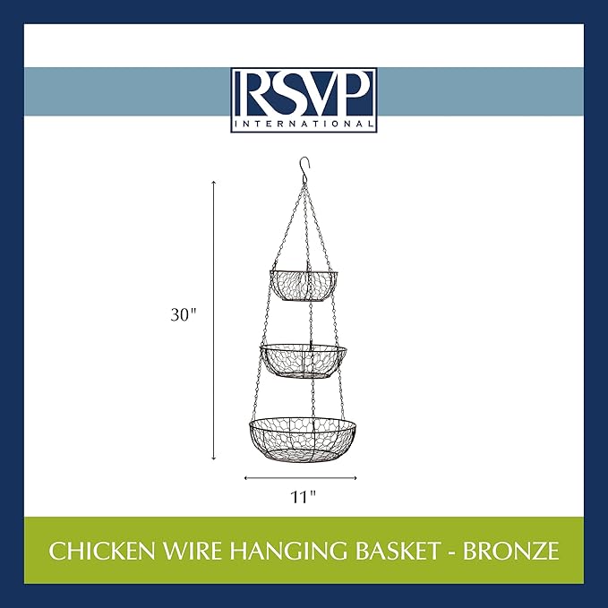 RSVP International Hanging Storage Collection 3-Tier Baskets, Bronze Chicken Wire (Pack of 3)