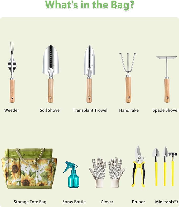 Garden Tools Set 12-Piece, MOSFiATA Gardening Tools Kit with Comfortable Handle, Heavy Duty Soil Shovel, Transplant Trowel, Weeder, Hand rake, Professional Pruner Sprayer Gloves with Organizer Bag