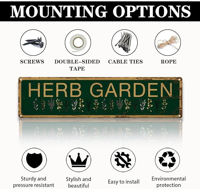 Herb Garden Metal Tin Sign, Vintage Rustic Garden Decor, Farmhouse Botanical Wall Decor, for Kitchen Yard Fence Porch Door, Outdoor Gardens Decoration, Ideas for Gardening Lovers, 15.7 x 3.9 Inches
