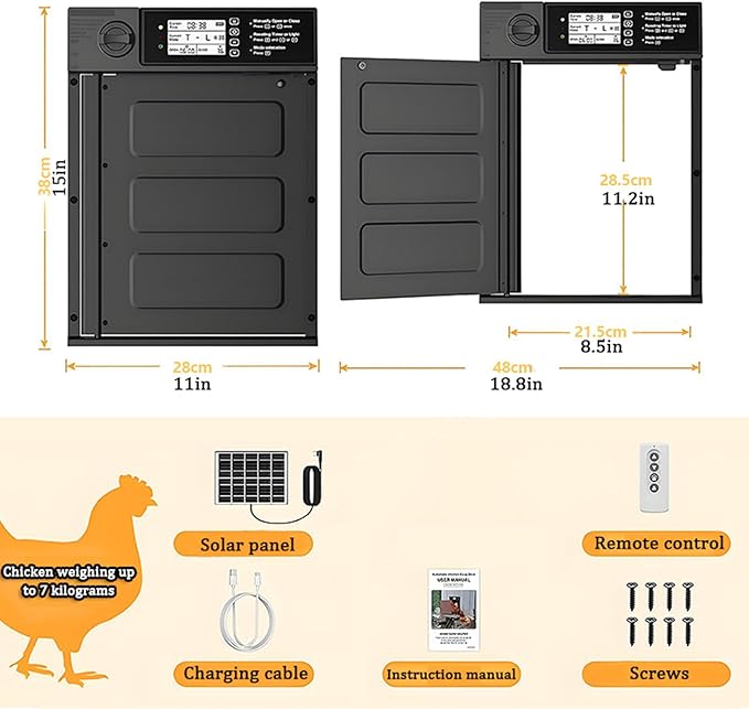Automatic Chicken Coop Door Solar Powered with Timer, Light Sensor, Remote Control, LCD Display, Aluminum Alloy, Automatic Chicken Coop Door Chicken House Door Anti-Pinch Weatherproof