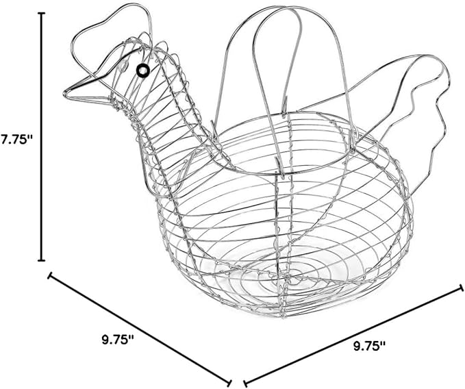 Chicken Shaped Egg Collection Basket - Wire Farmhouse Style Storage, Chrome Egg Holder for Kitchen Organization