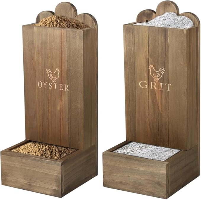 2 Pack Wooden Chicken Feeder, Oyster Shell and Grit Feeder Hanging/Ground Chicken Coop Feeder with Durable Iron Construction for Hens & Chicks