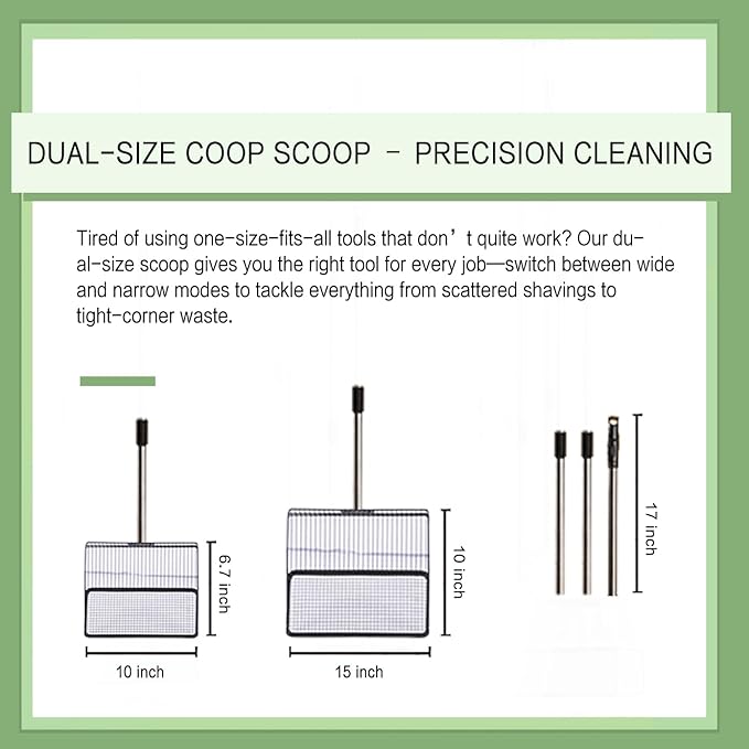 Chicken Poop Scooper for Sand, 2Pack Chicken Coop Scoop, Rake, and Cleaning Tools, Stainless Steel Litter Sifting Shovel for Coop Waste with 15" & 10" Replaceable Heads