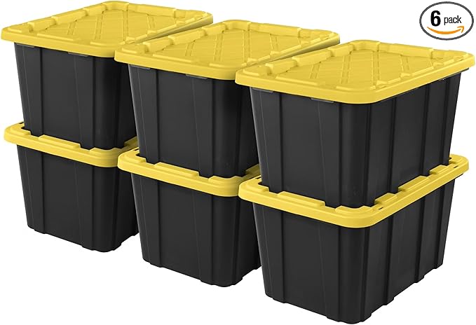 6-Pack Industrial Tote, 27 Gallon Stackable Plastic Storage Bins with Lids - Heavy-Duty Organizing Containers for Closet, Garage, Basement & Office，Black & Yellow