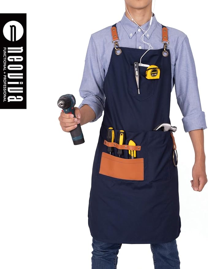 NEOVIVA Canvas Tool Apron for Men and Women with Pockets, Heavy Duty Cross Back Work Apron for Shop BBQ Woodworking