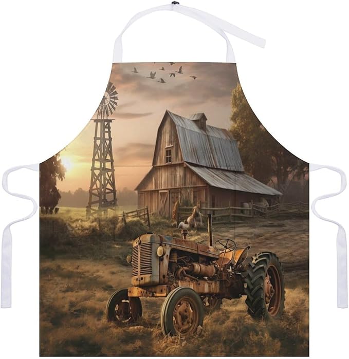 Vintage Watercolor Old Tractor Kitchen Apron, Oil Painting Western Farmhouse Harvest Farm Sunflower Tractor Apron