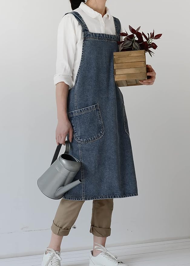 Cotton Denim Apron Soft - Unisex Adjustable Bib Apron with 5-Pockets Perfect for Kitchens