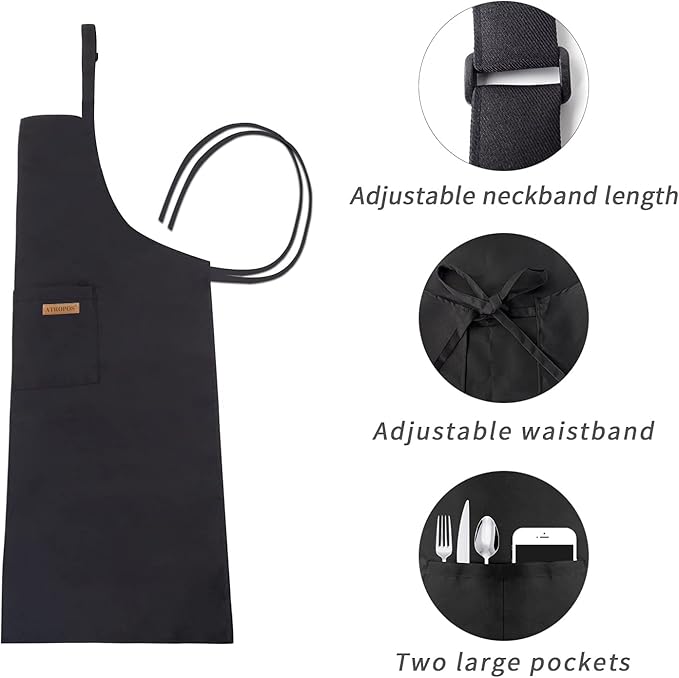 ATROPOS 2 Pack Black Adjustable Bib Cooking Apron Waterdrop Resistant with 2 Pockets Aprons for Men Women - Suit for Kitchen And Outdoor BBQ (35.8IN x 26.8IN Black)