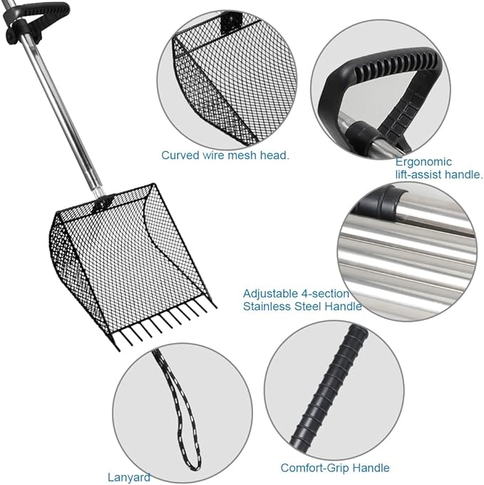 Kaleky 2-in-1 Heavy Duty Chicken Coop Rake and Scooper, 15 Inch Metal Chicken Cleaning Shovel with Adjustable Stainless Steel Handle (25 to 73 Inch) for Sand, Coops, Litter Cleaning (Black)