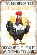 WADORN Funny Chicken Vintage Metal Tin Sign, 8x12 Inch I'm Going To Let God Fix It Retro Tin Sign Christian God Wall Art Decor Plaque Gift for Home Farm Chicken Coop Farmhouse Kitchen Garden Church