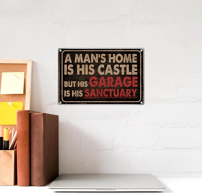 Man Cave Wall Decor Garage For Men Vintage Metal Sign Decoration A Man's Home Is His Castle But Sanctuary 12 x 8 Inch Art Kitchen Aluminum Indoor Outdoor