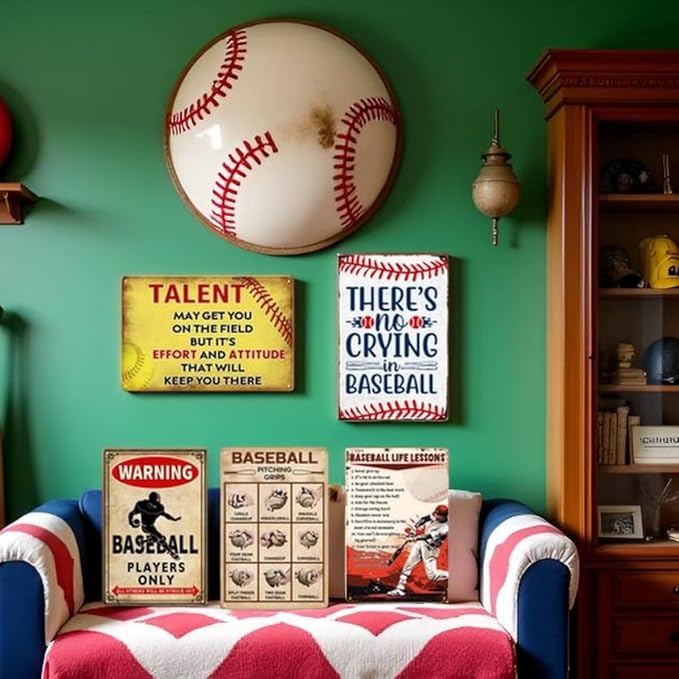 5 Pack Baseball Decor For Boys Room Vintage Baseball Tin Sign Baseball Stuff Accessories Wall Art Decor Posters Baseball Themed Party Decoration Motivational Quote Gifts Cool Boy Bedroom Decor 8x12 In