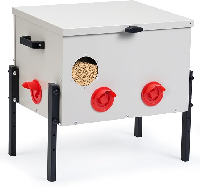 Metal Chicken Feeder with 6 Ports, 60 lbs Metal Poultry Feeder, Height Adjustable Weatherproof Feeding Box for Chickens, Geese, Ducks, Turkeys, Quails (60lbs-6 Ports)
